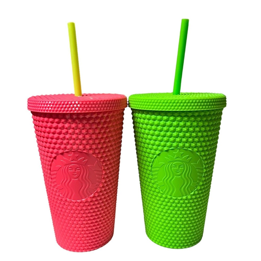 NEW Set of 2 Starbucks Grande Tumblers Neon Green Studded & Dragonfruit Studded